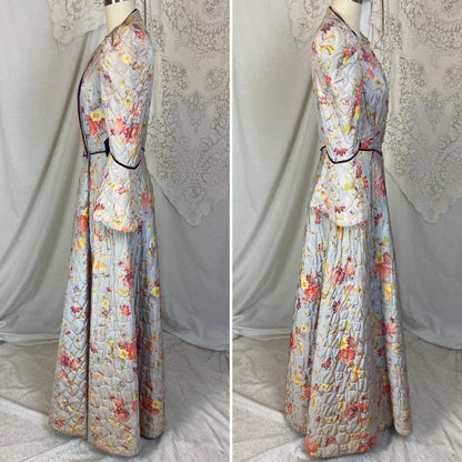 Vintage 1930's Robe | Quilted Dusty Blue Rayon Taffeta with Floral Print & Purple Velvet Accents | Size XS, S | Marshal Field and Company - Daggers & Dames