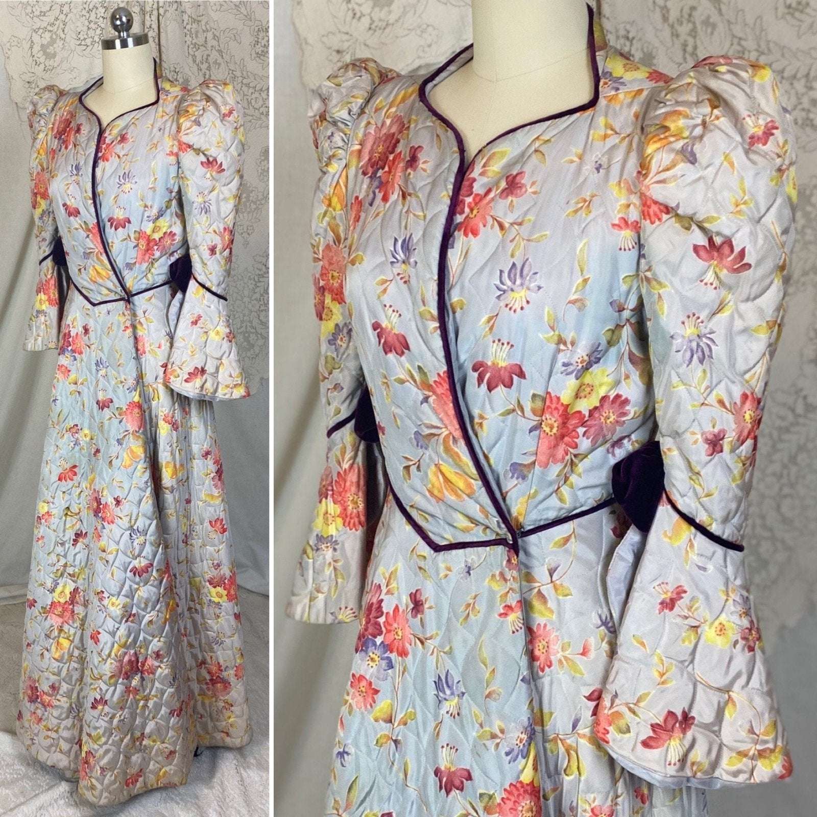 Vintage 1930's Robe | Quilted Dusty Blue Rayon Taffeta with Floral Print & Purple Velvet Accents | Size XS, S | Marshal Field and Company - Daggers & Dames