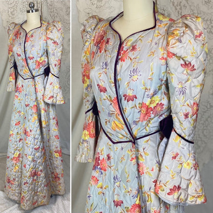 Vintage 1930's Robe | Quilted Dusty Blue Rayon Taffeta with Floral Print & Purple Velvet Accents | Size XS, S | Marshal Field and Company - Daggers & Dames