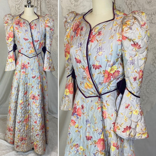 Vintage 1930's Robe | Quilted Dusty Blue Rayon Taffeta with Floral Print & Purple Velvet Accents | Size XS, S | Marshal Field and Company - Daggers & Dames