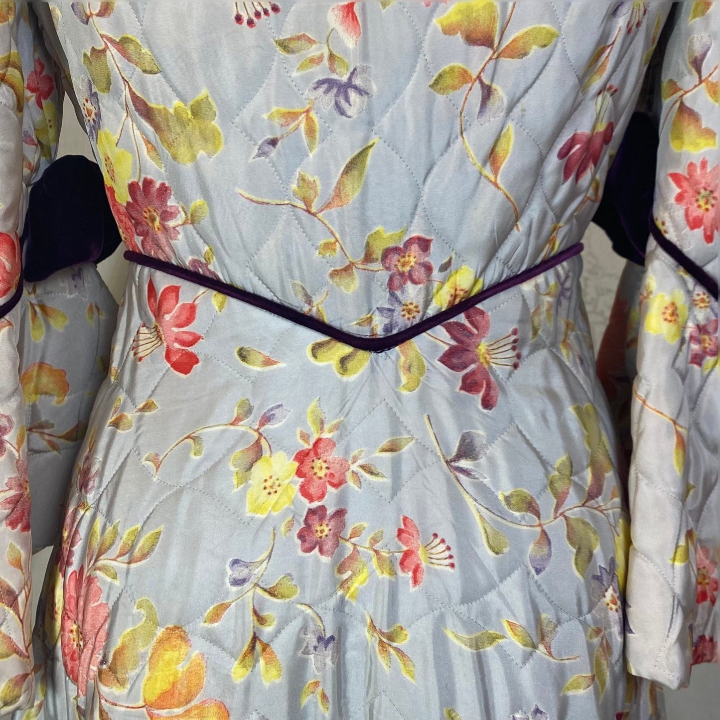 Vintage 1930's Robe | Quilted Dusty Blue Rayon Taffeta with Floral Print & Purple Velvet Accents | Size XS, S | Marshal Field and Company - Daggers & Dames