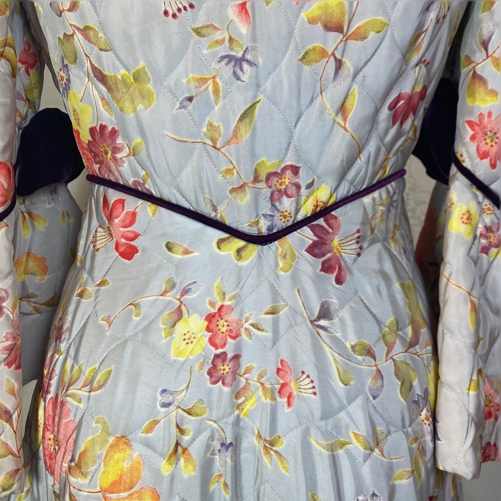Vintage 1930's Robe | Quilted Dusty Blue Rayon Taffeta with Floral Print & Purple Velvet Accents | Size XS, S | Marshal Field and Company - Daggers & Dames