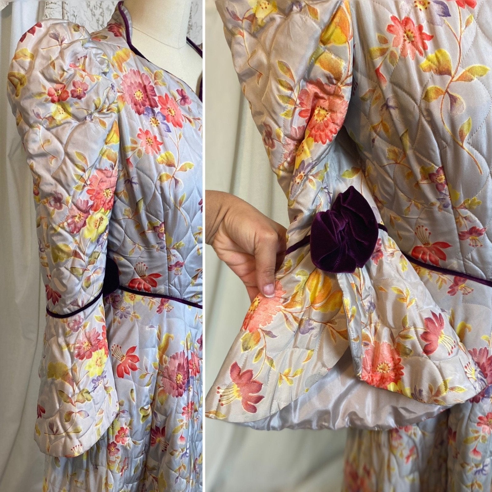 Vintage 1930's Robe | Quilted Dusty Blue Rayon Taffeta with Floral Print & Purple Velvet Accents | Size XS, S | Marshal Field and Company - Daggers & Dames