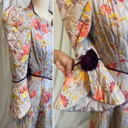 Vintage 1930's Robe | Quilted Dusty Blue Rayon Taffeta with Floral Print & Purple Velvet Accents | Size XS, S | Marshal Field and Company - Daggers & Dames