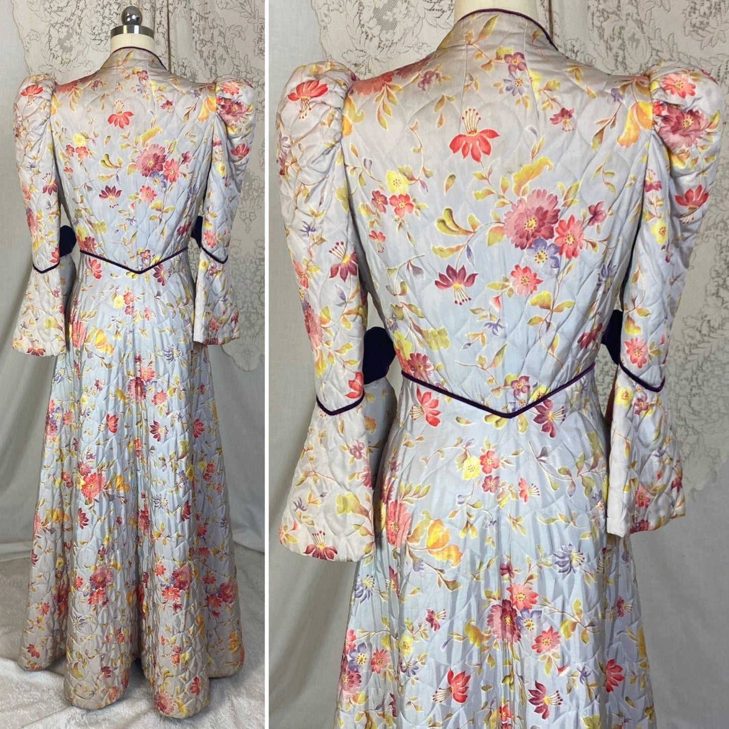 Vintage 1930's Robe | Quilted Dusty Blue Rayon Taffeta with Floral Print & Purple Velvet Accents | Size XS, S | Marshal Field and Company - Daggers & Dames