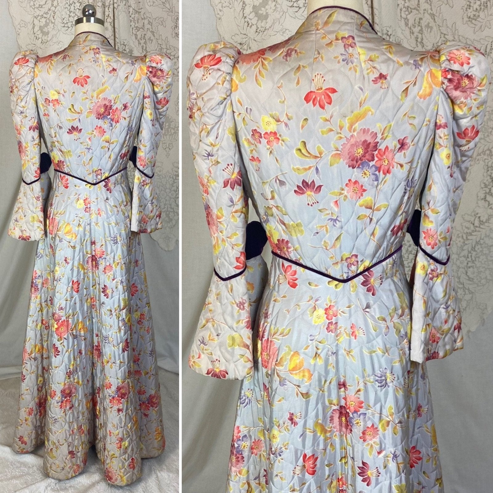 Vintage 1930's Robe | Quilted Dusty Blue Rayon Taffeta with Floral Print & Purple Velvet Accents | Size XS, S | Marshal Field and Company - Daggers & Dames