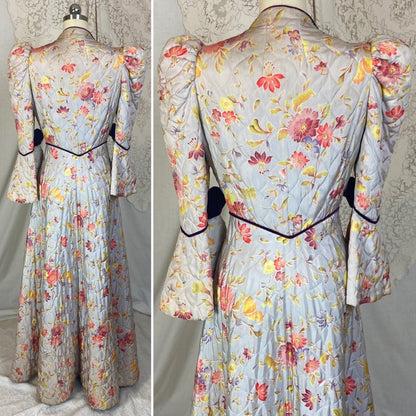 Vintage 1930's Robe | Quilted Dusty Blue Rayon Taffeta with Floral Print & Purple Velvet Accents | Size XS, S | Marshal Field and Company - Daggers & Dames