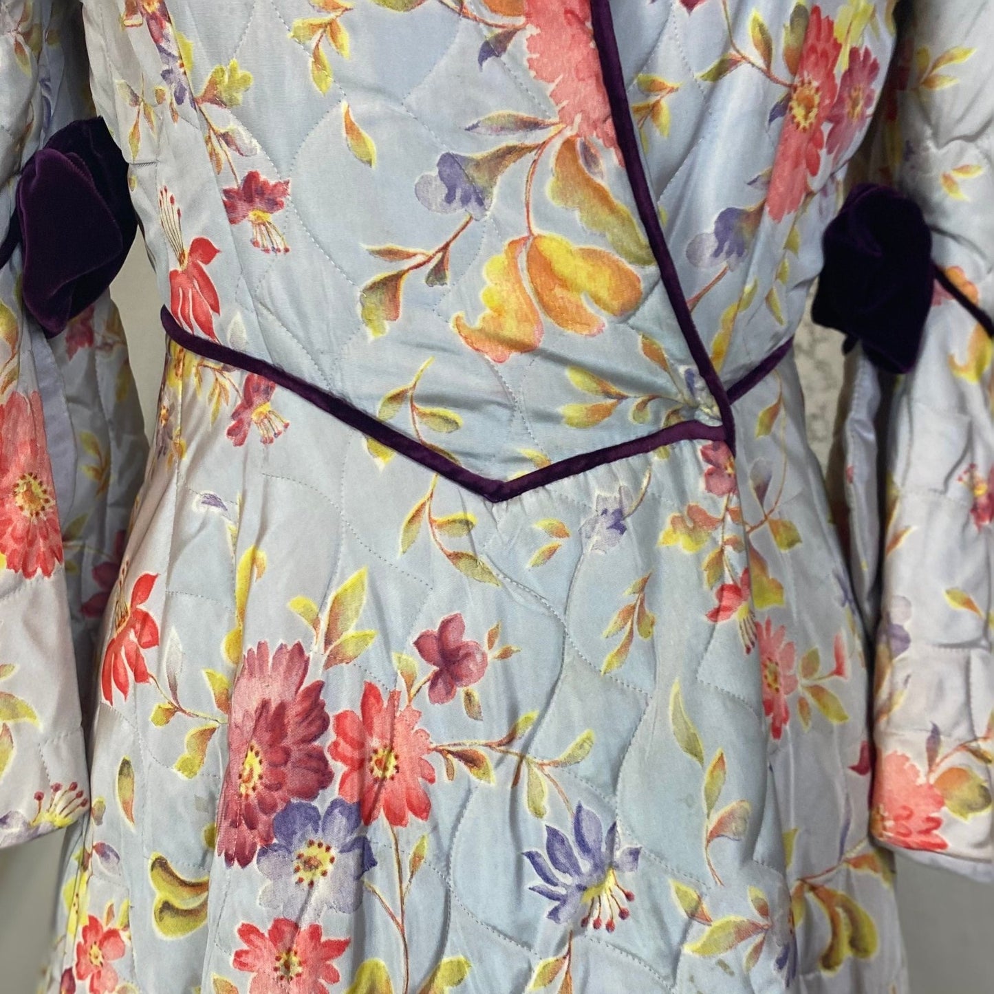 Vintage 1930's Robe | Quilted Dusty Blue Rayon Taffeta with Floral Print & Purple Velvet Accents | Size XS, S | Marshal Field and Company - Daggers & Dames
