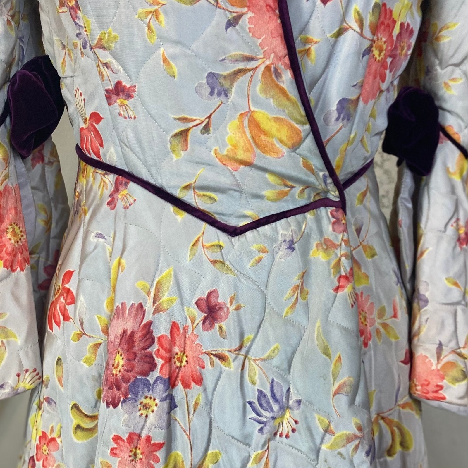 Vintage 1930's Robe | Quilted Dusty Blue Rayon Taffeta with Floral Print & Purple Velvet Accents | Size XS, S | Marshal Field and Company - Daggers & Dames