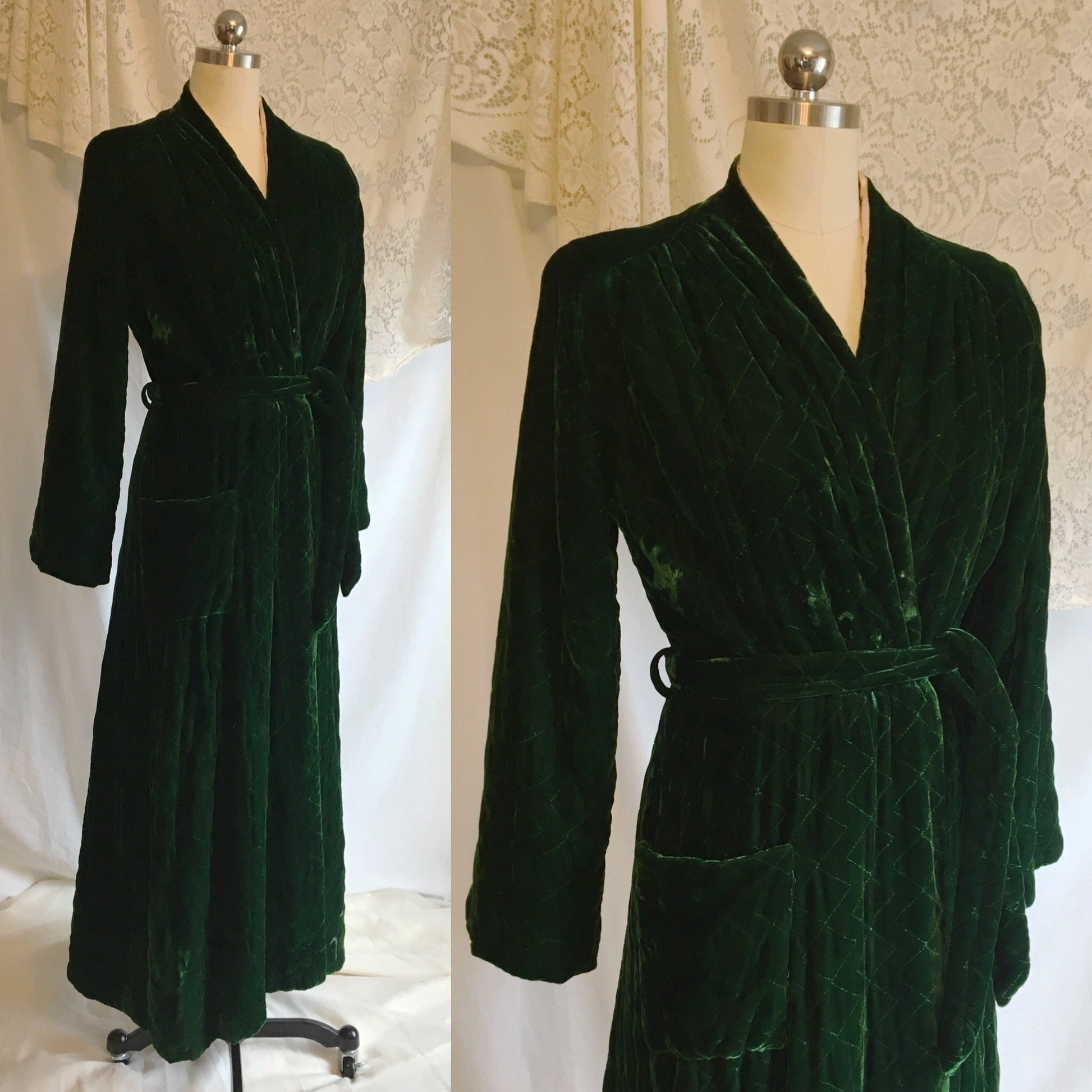 Vintage 1930's Robe | Quilted Emerald Green Velvet with Pale Pink Rayon Satin Lining | Reversible Housecoat | Size S - Daggers & Dames