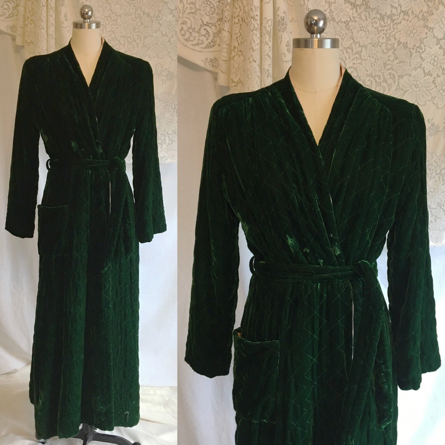 Vintage 1930's Robe | Quilted Emerald Green Velvet with Pale Pink Rayon Satin Lining | Reversible Housecoat | Size S - Daggers & Dames