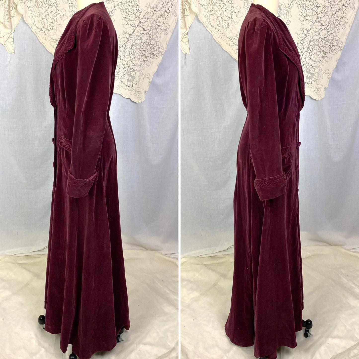 Vintage 1930's Robe | Rich Mulberry Purple Velveteen Matching Belt & Trapunto Stitching | Size M, LG | Bonwitt Teller - Daggers & Dames