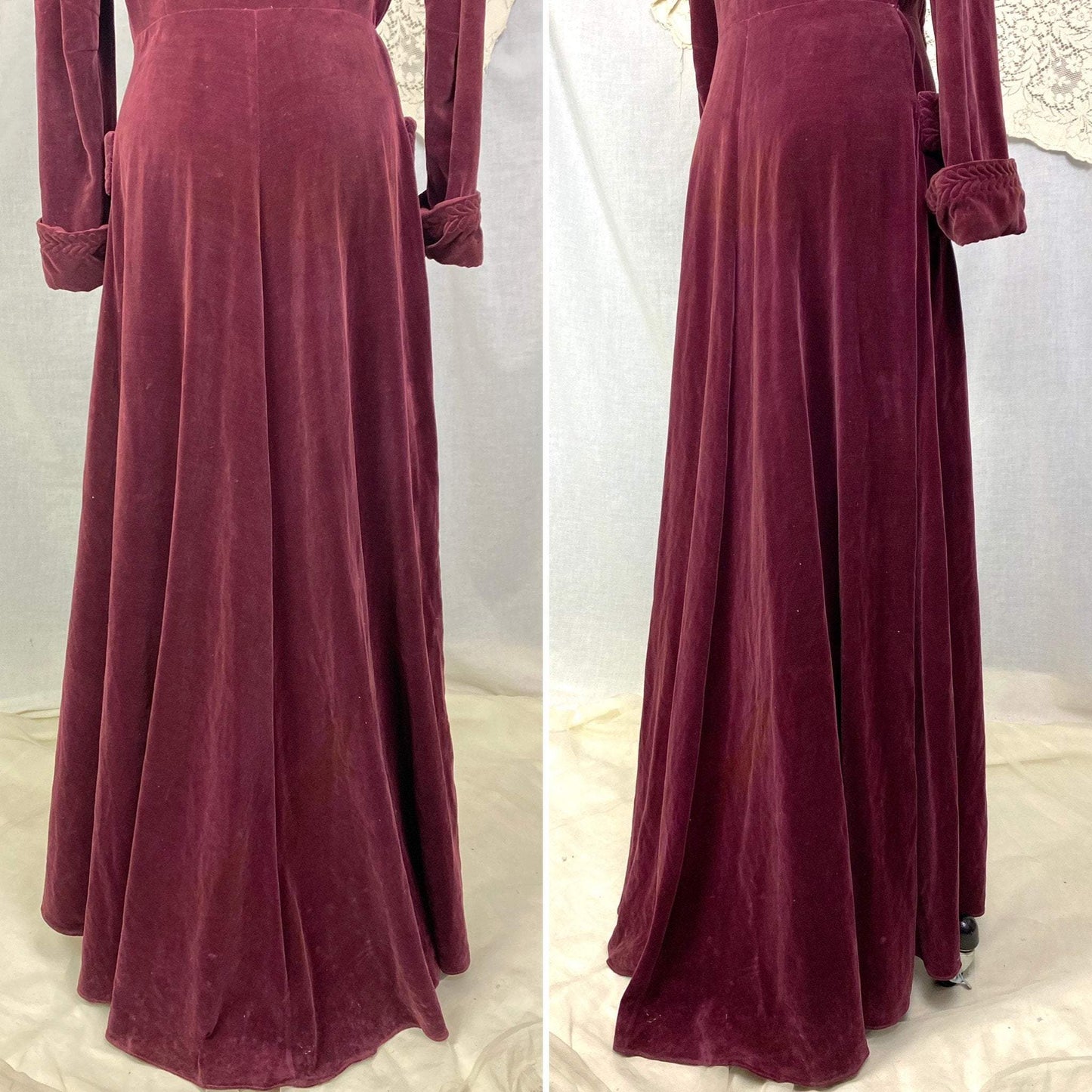 Vintage 1930's Robe | Rich Mulberry Purple Velveteen Matching Belt & Trapunto Stitching | Size M, LG | Bonwitt Teller - Daggers & Dames