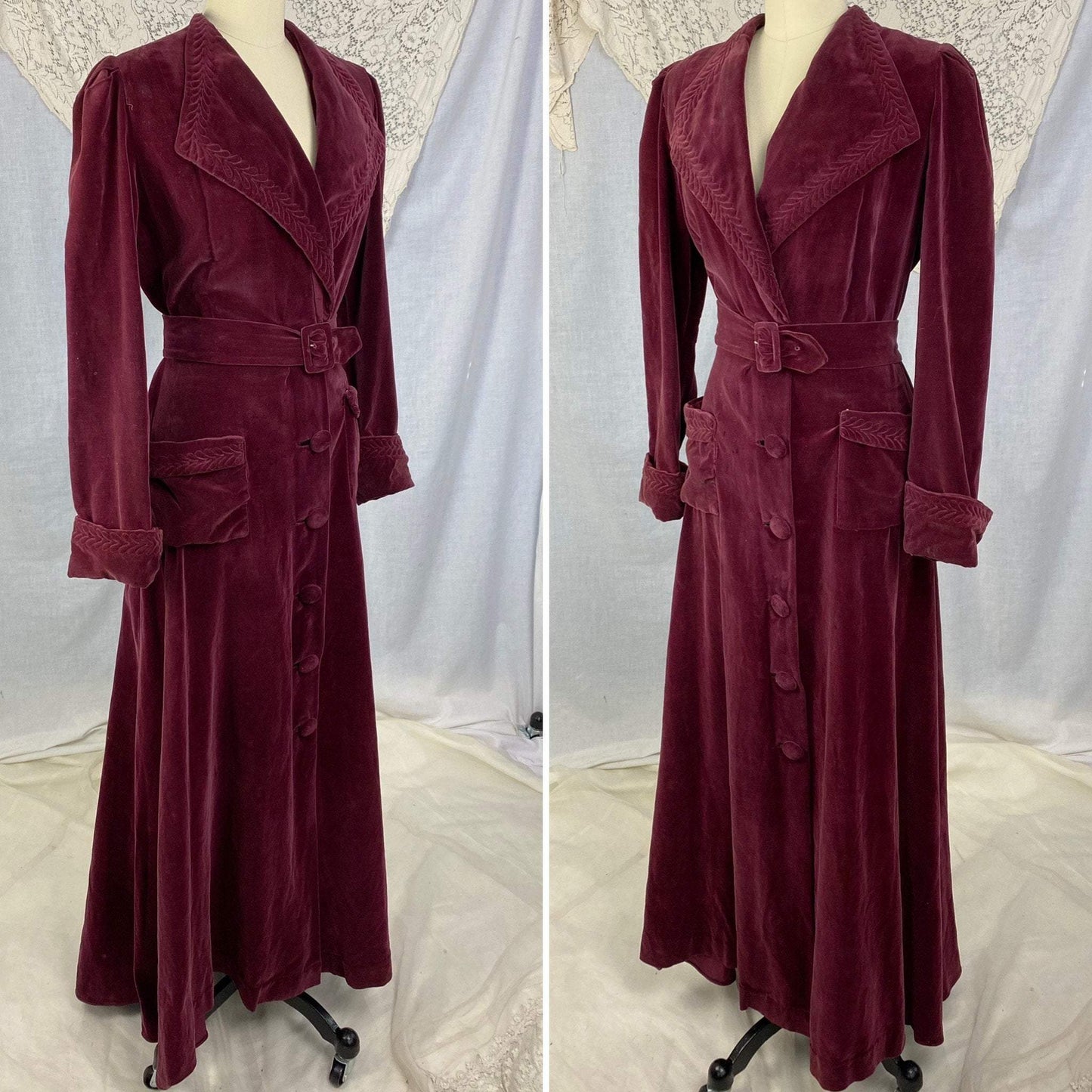 Vintage 1930's Robe | Rich Mulberry Purple Velveteen Matching Belt & Trapunto Stitching | Size M, LG | Bonwitt Teller - Daggers & Dames