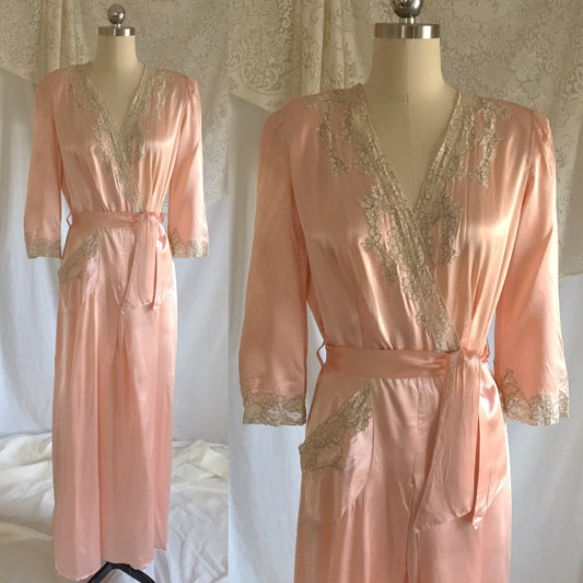Vintage 1930's Robe | Rose Gold Pink Rayon Satin with Embroidered Lace Tulle & Train | Size S, Med - Daggers & Dames