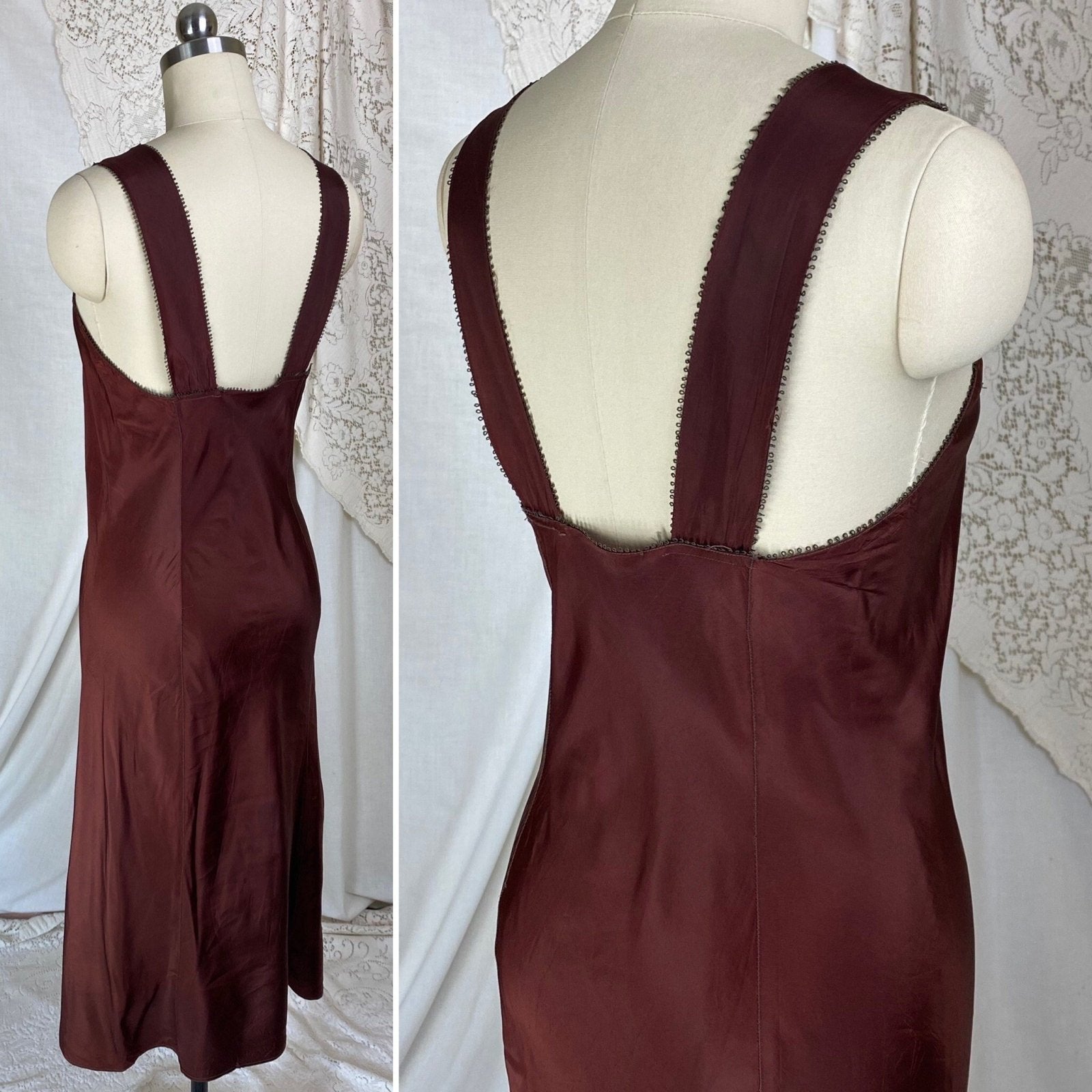 Vintage 1930's Slip | Deep Chocolate Brown Rayon Taffeta | Size XS - Daggers & Dames