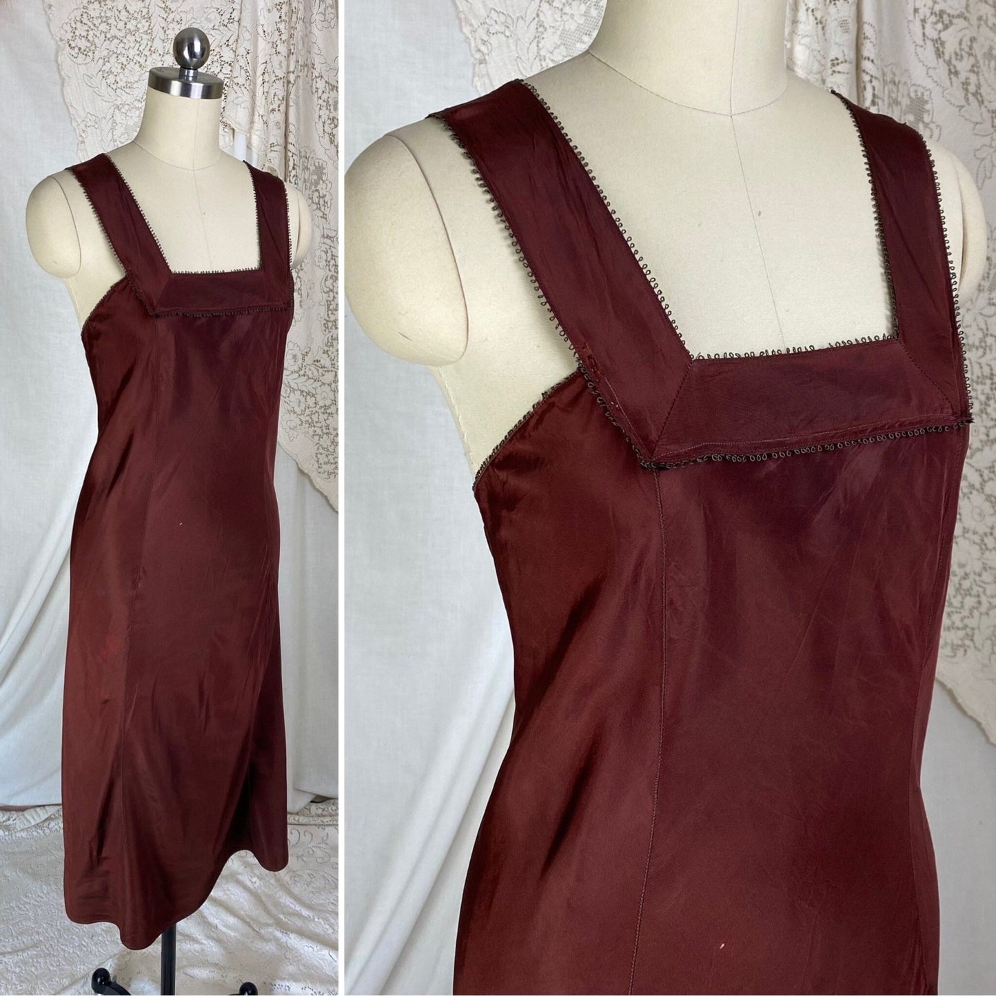 Vintage 1930's Slip | Deep Chocolate Brown Rayon Taffeta | Size XS - Daggers & Dames