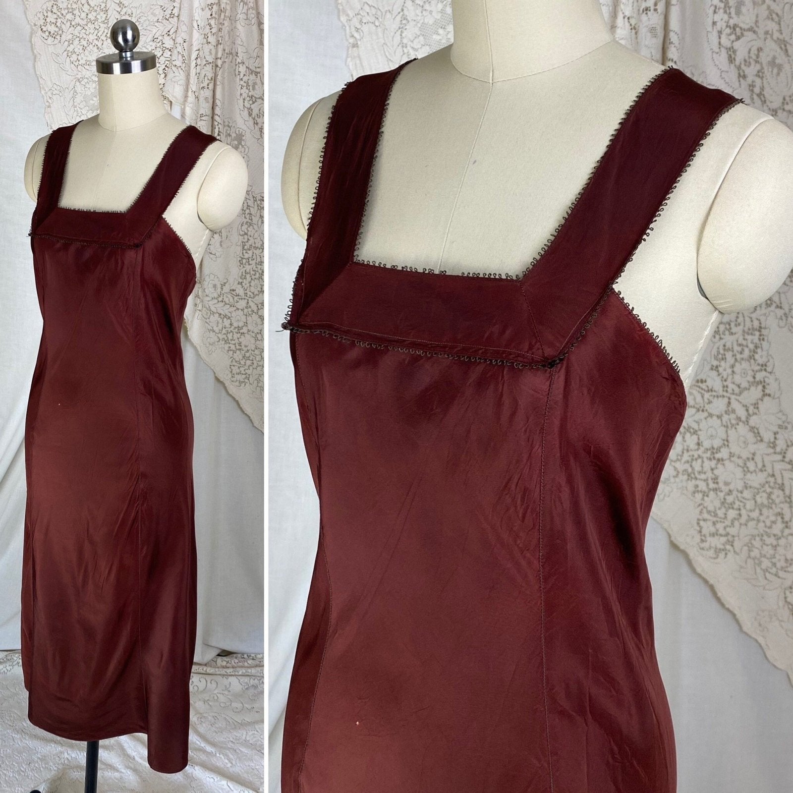 Vintage 1930's Slip | Deep Chocolate Brown Rayon Taffeta | Size XS - Daggers & Dames