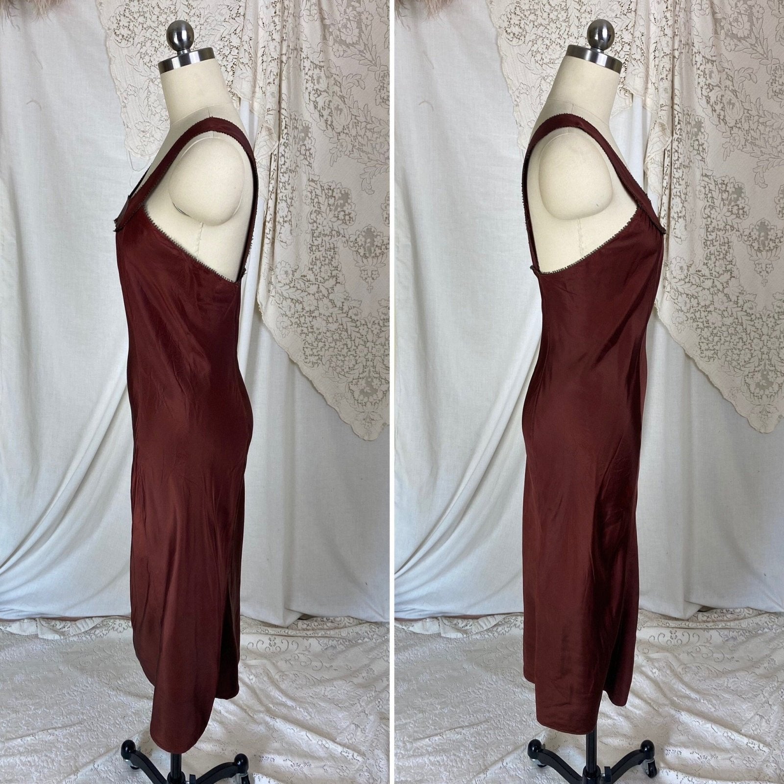 Vintage 1930's Slip | Deep Chocolate Brown Rayon Taffeta | Size XS - Daggers & Dames