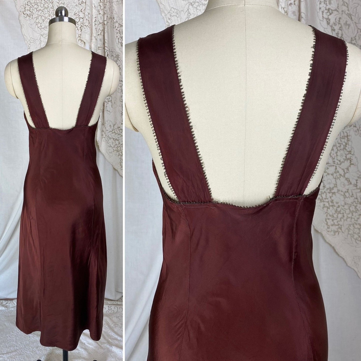 Vintage 1930's Slip | Deep Chocolate Brown Rayon Taffeta | Size XS - Daggers & Dames