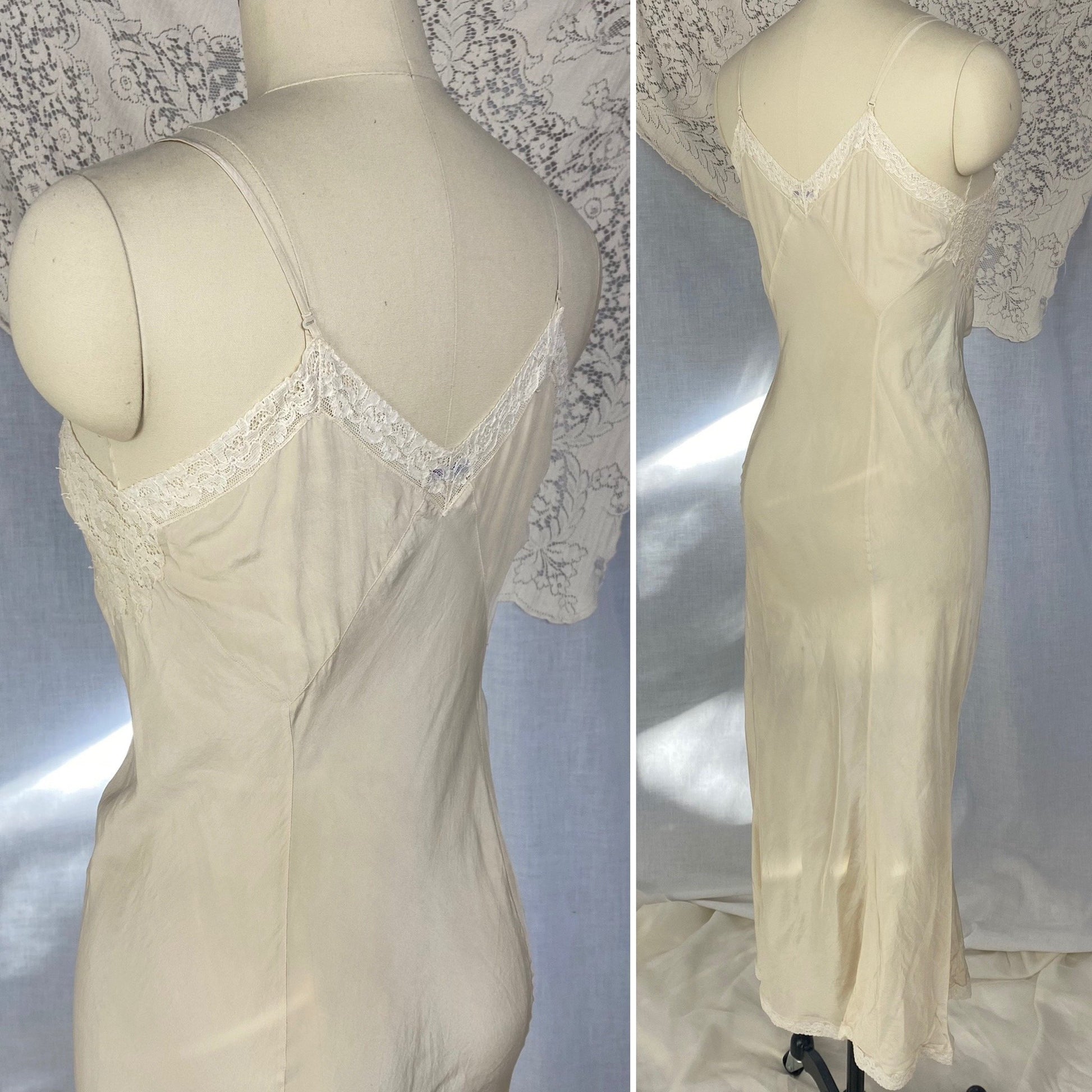 Vintage 1930's Slip | Ivory Silk Crepe Gartiere with Lace | Size XS | Bryn Mawr - Daggers & Dames
