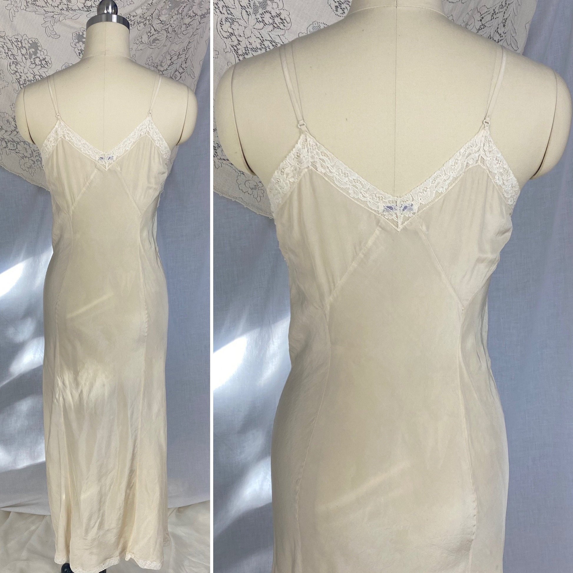 Vintage 1930's Slip | Ivory Silk Crepe Gartiere with Lace | Size XS | Bryn Mawr - Daggers & Dames