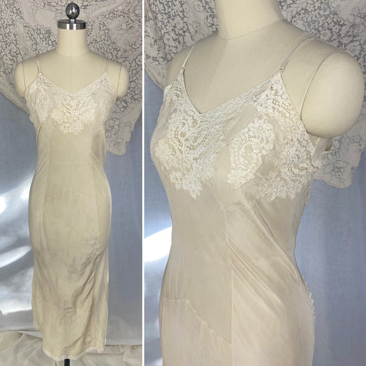 Vintage 1930's Slip | Ivory Silk Crepe Gartiere with Lace | Size XS | Bryn Mawr - Daggers & Dames