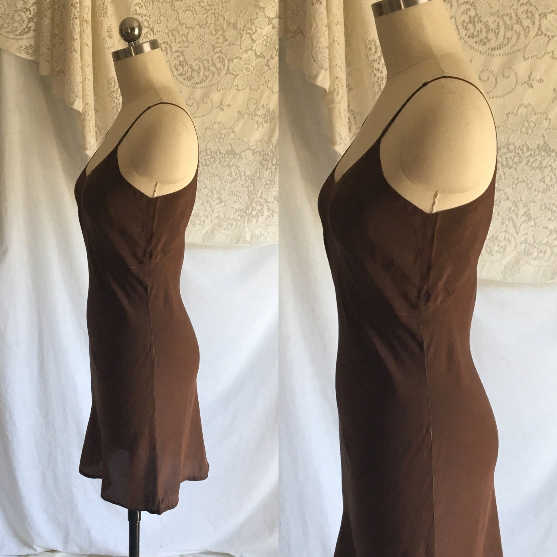 Vintage 1930's Slip | Mocha Brown Silk Crepe de Chine with Bias Cut | Barbizon | Size XS, Petite - Daggers & Dames