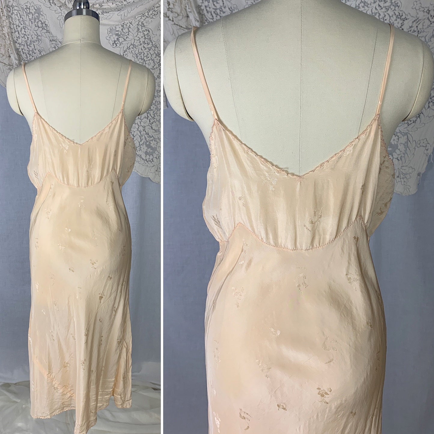 Vintage 1930's Slip | Pale Peach Silk with Floral Satin Damask & Hand Embroidery | Size S, M - Daggers & Dames