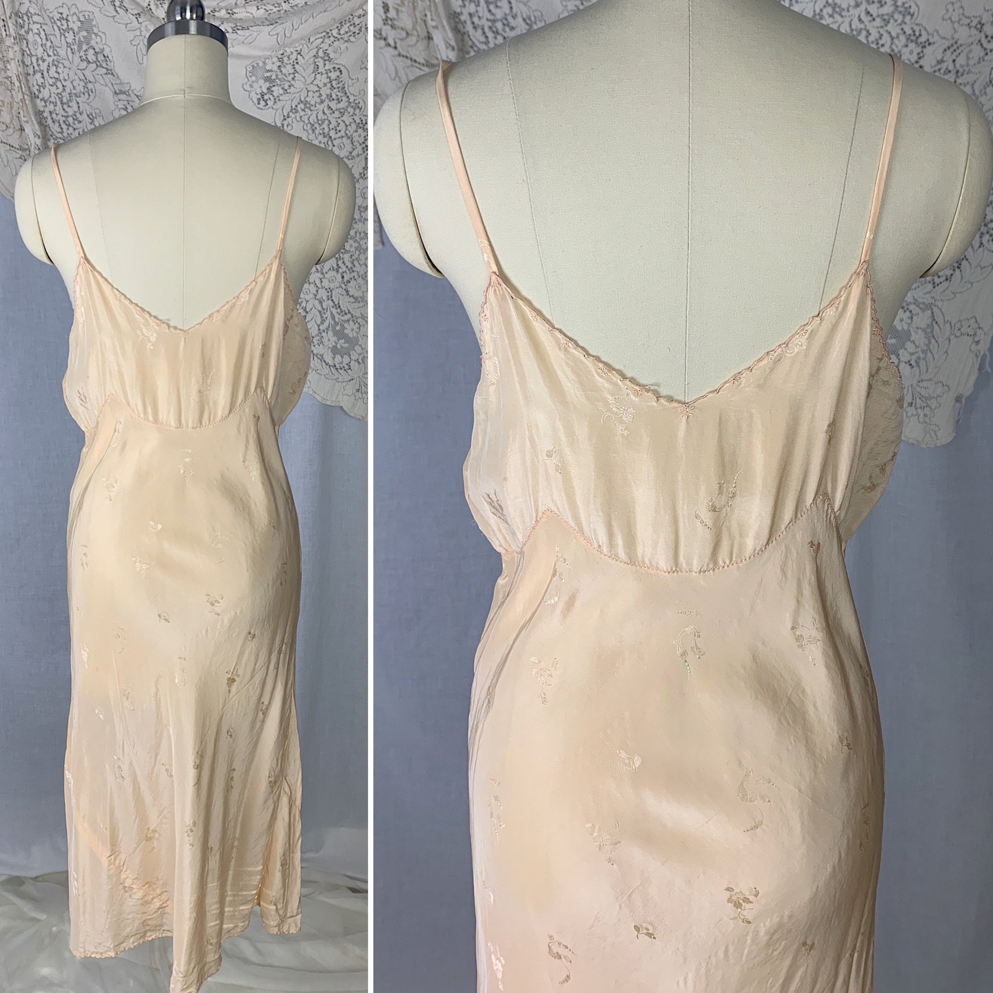 Vintage 1930's Slip | Pale Peach Silk with Floral Satin Damask & Hand Embroidery | Size S, M - Daggers & Dames