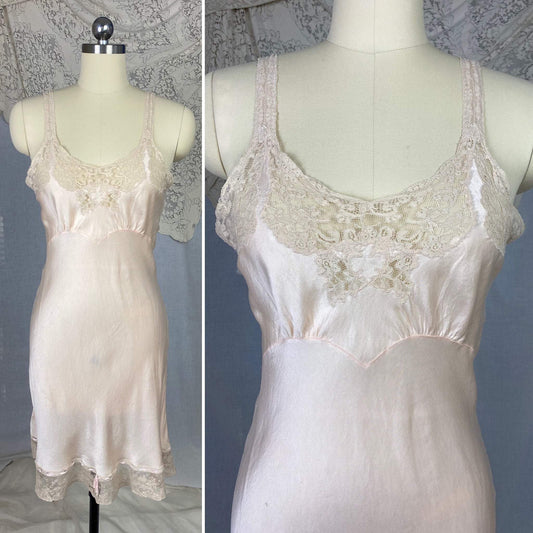 Vintage 1930's Slip | Pale Pink Silk with Ivory Lace | Size 32 Bust, XS | Fischer Heavenly Lingerie - Daggers & Dames