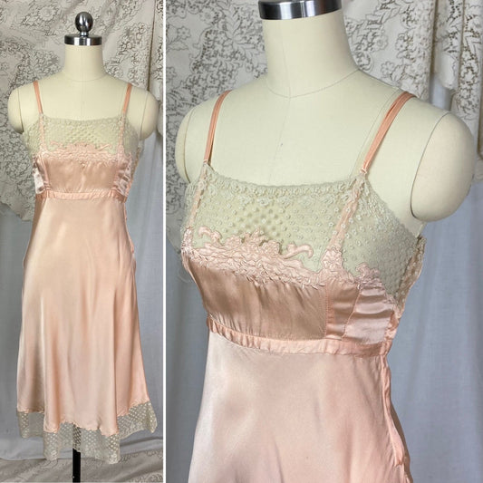 Vintage 1930's Slip | Rich Bold Pink Silk with Floral Chantilly Lace & Embroidery | Size XS | Marshall Field's - Daggers & Dames