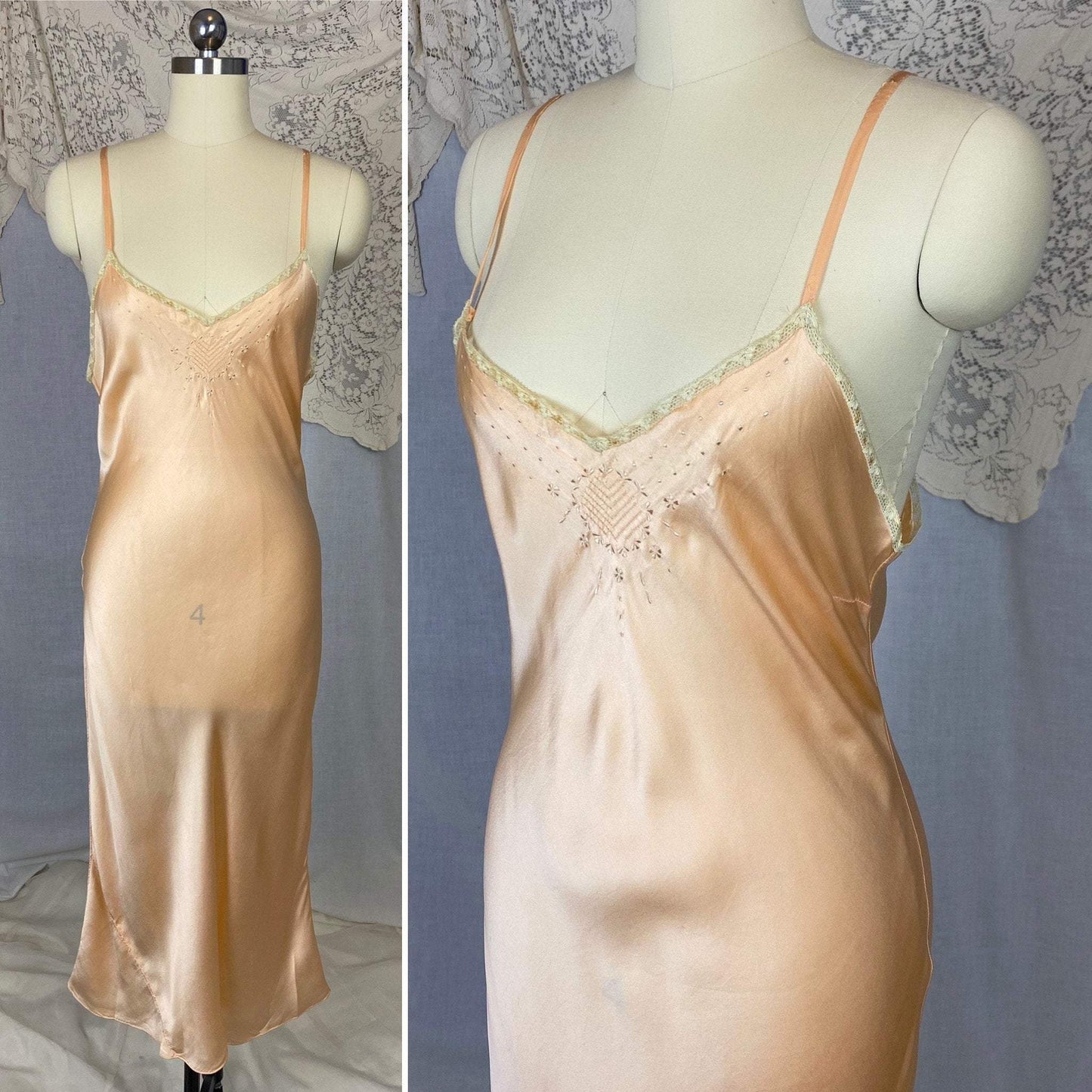 Vintage 1930's Slip | Rich Peach Silk Charmeuse with Embroidery | Size 34-38, M/LG - Daggers & Dames