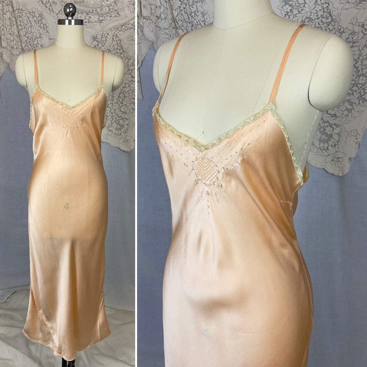Vintage 1930's Slip | Rich Peach Silk Charmeuse with Embroidery | Size 34-38, M/LG - Daggers & Dames