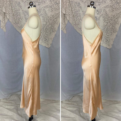Vintage 1930's Slip | Rich Peach Silk Charmeuse with Embroidery | Size 34-38, M/LG - Daggers & Dames