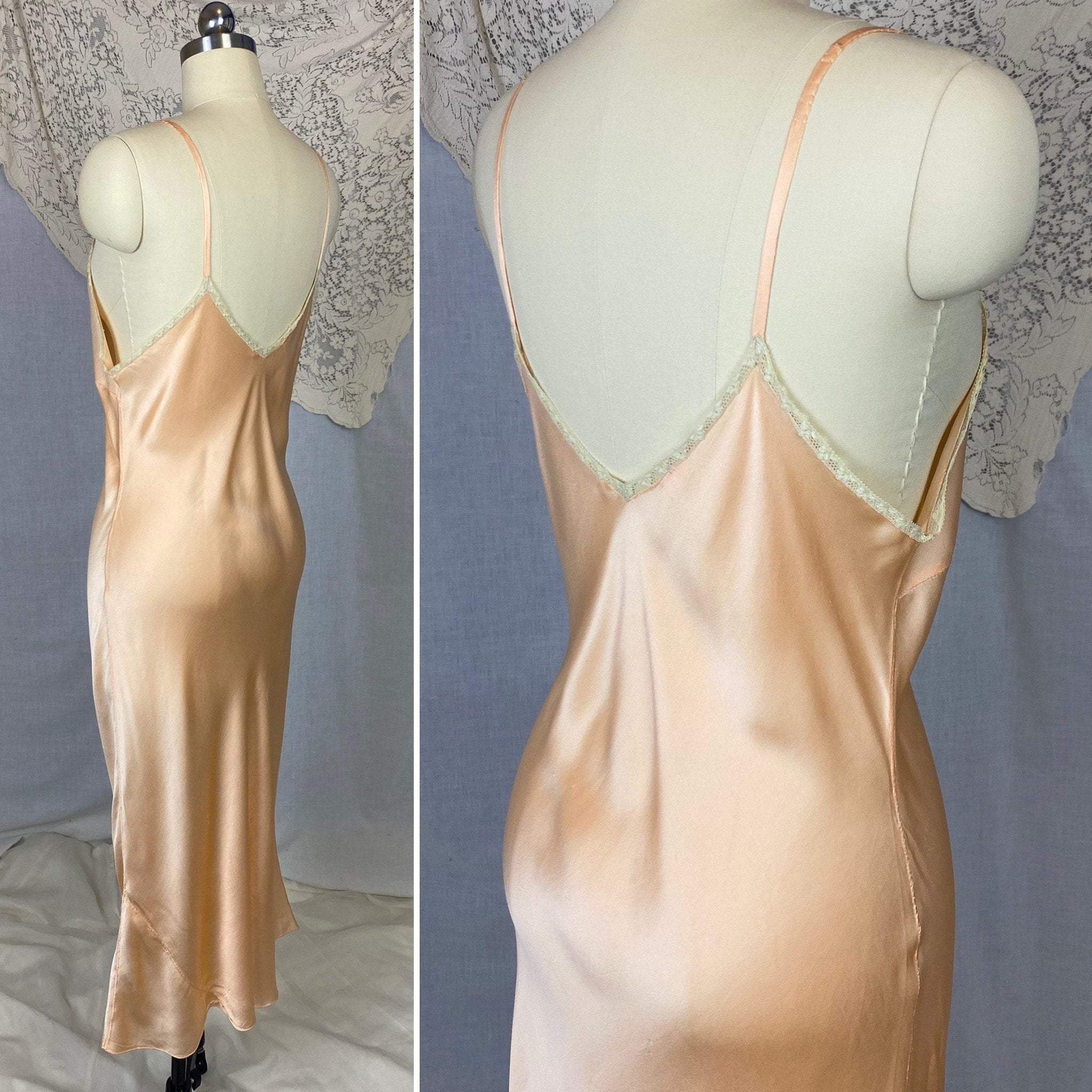 Vintage 1930's Slip | Rich Peach Silk Charmeuse with Embroidery | Size 34-38, M/LG - Daggers & Dames
