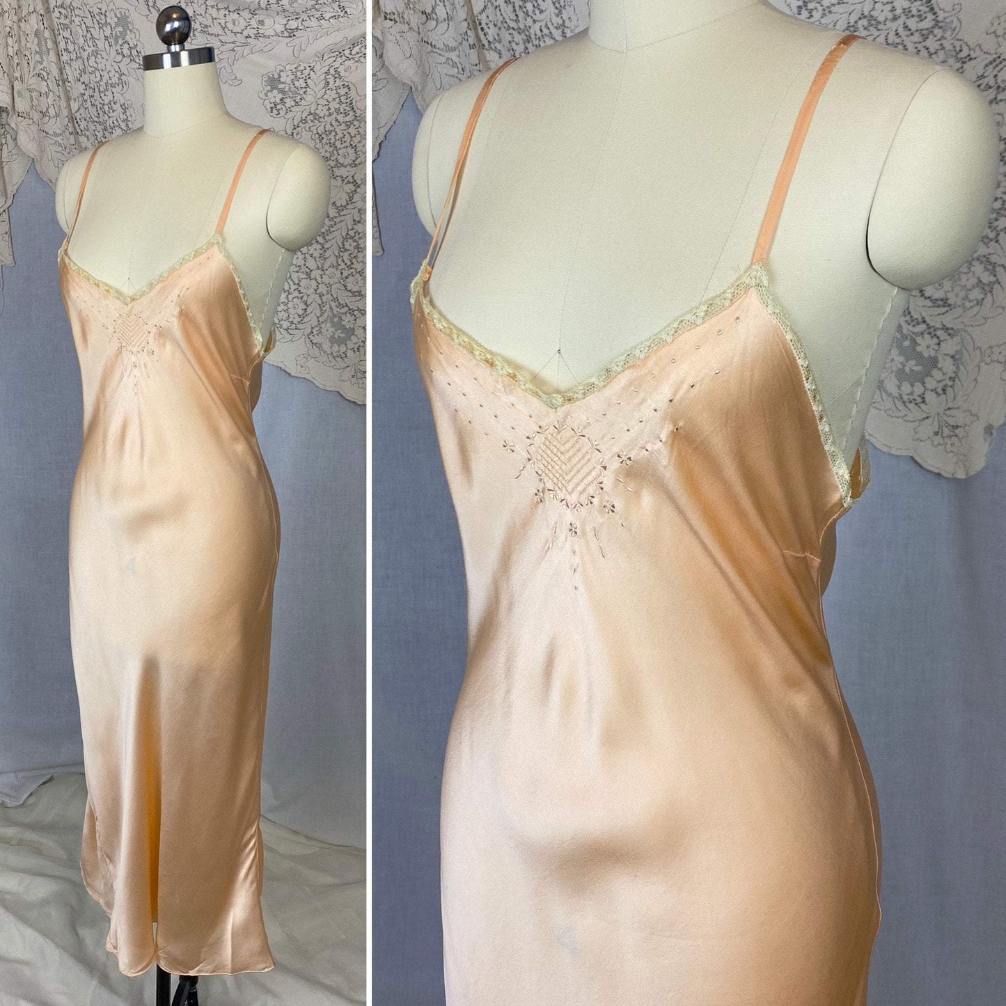 Vintage 1930's Slip | Rich Peach Silk Charmeuse with Embroidery | Size 34-38, M/LG - Daggers & Dames