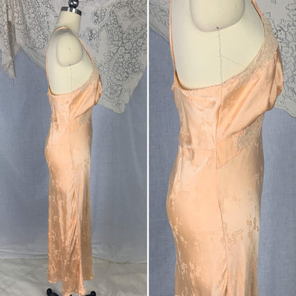 Vintage 1930's Slip | Rich Peach Silk with Cherry Blossom Damask & French Alençon Lace | Size M | Hand Sewn - Daggers & Dames