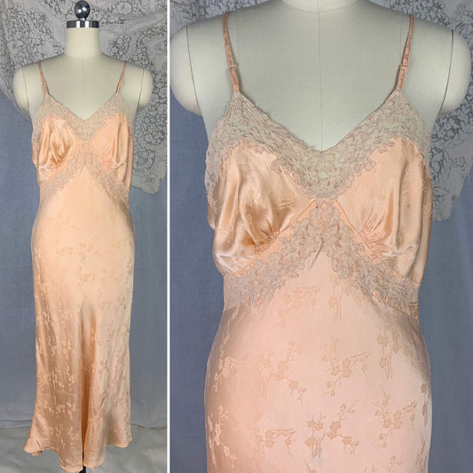 Vintage 1930's Slip | Rich Peach Silk with Cherry Blossom Damask & French Alençon Lace | Size M | Hand Sewn - Daggers & Dames