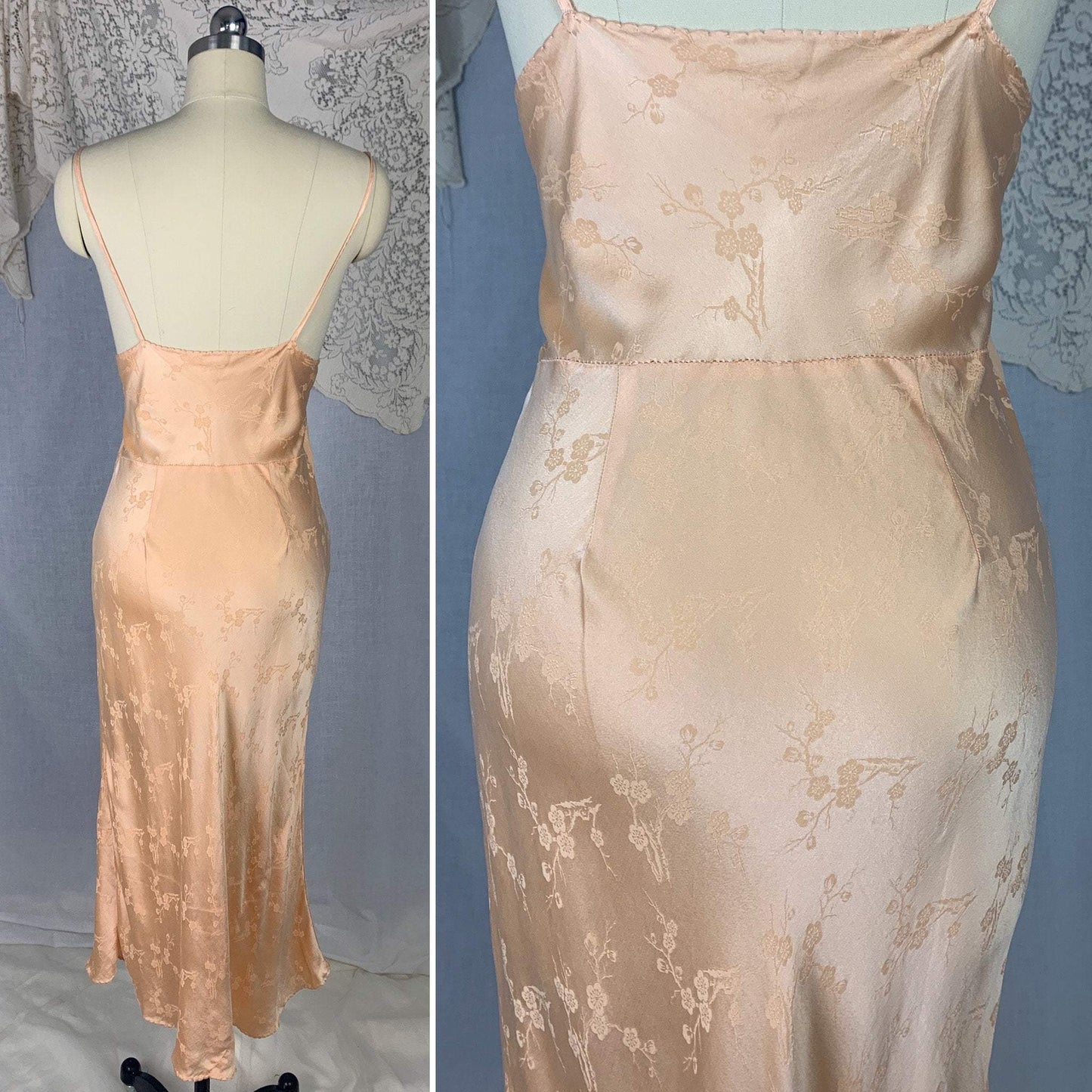 Vintage 1930's Slip | Rich Peach Silk with Cherry Blossom Damask & French Alençon Lace | Size M | Hand Sewn - Daggers & Dames