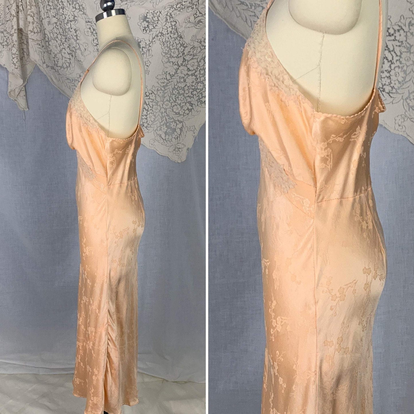 Vintage 1930's Slip | Rich Peach Silk with Cherry Blossom Damask & French Alençon Lace | Size M | Hand Sewn - Daggers & Dames