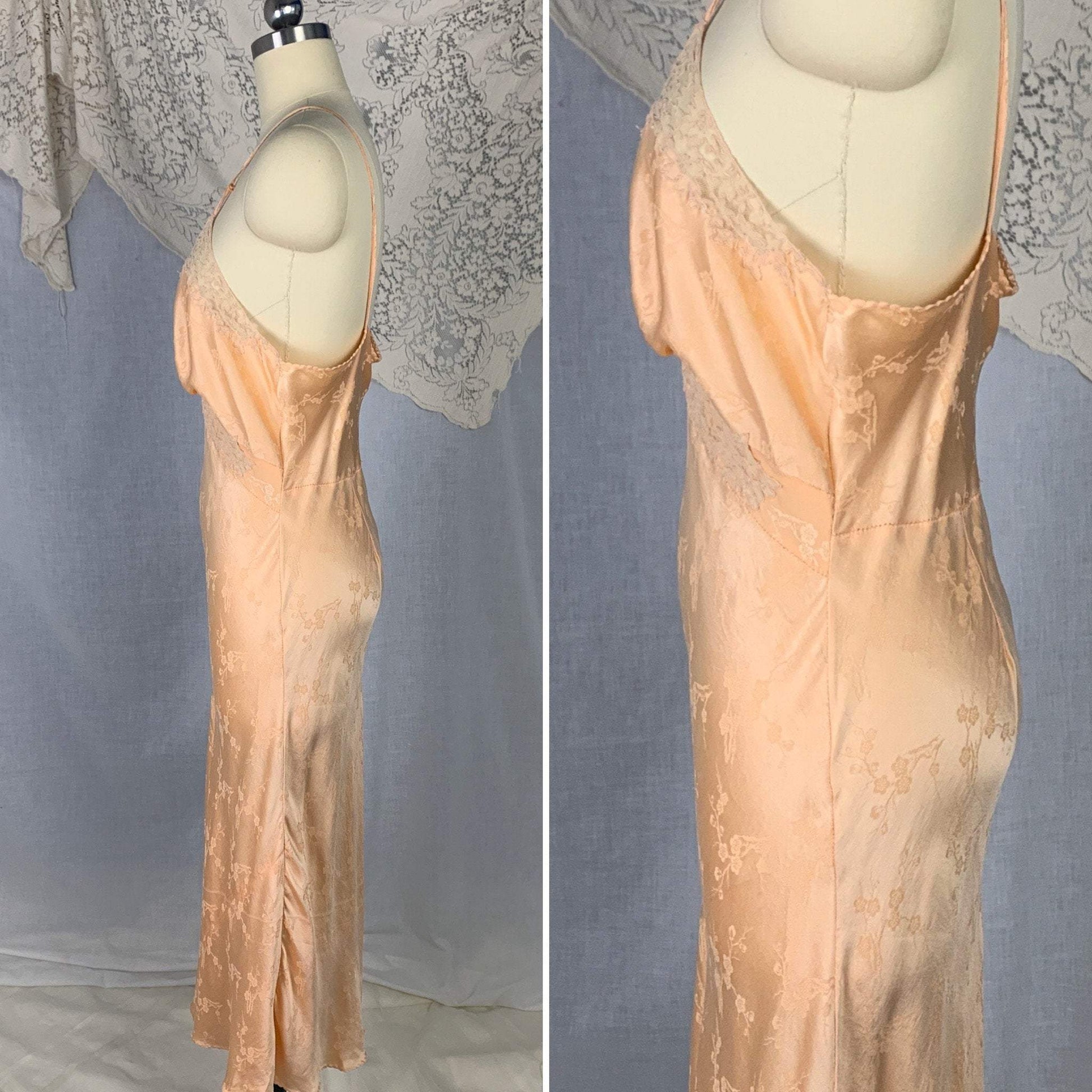 Vintage 1930's Slip | Rich Peach Silk with Cherry Blossom Damask & French Alençon Lace | Size M | Hand Sewn - Daggers & Dames