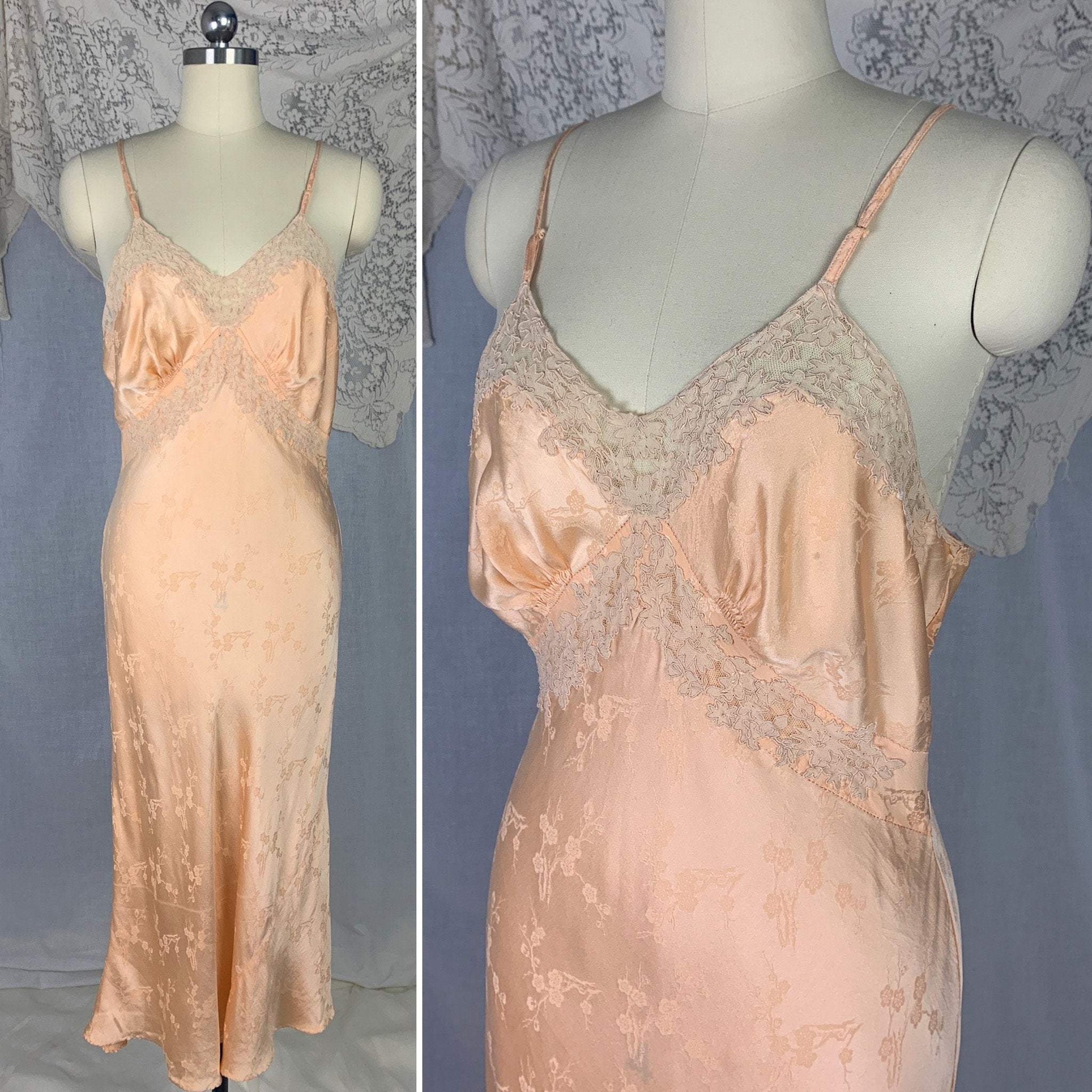 Vintage 1930's Slip | Rich Peach Silk with Cherry Blossom Damask & French Alençon Lace | Size M | Hand Sewn - Daggers & Dames