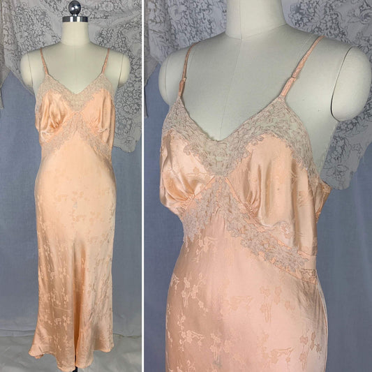 Vintage 1930's Slip | Rich Peach Silk with Cherry Blossom Damask & French Alençon Lace | Size M | Hand Sewn - Daggers & Dames