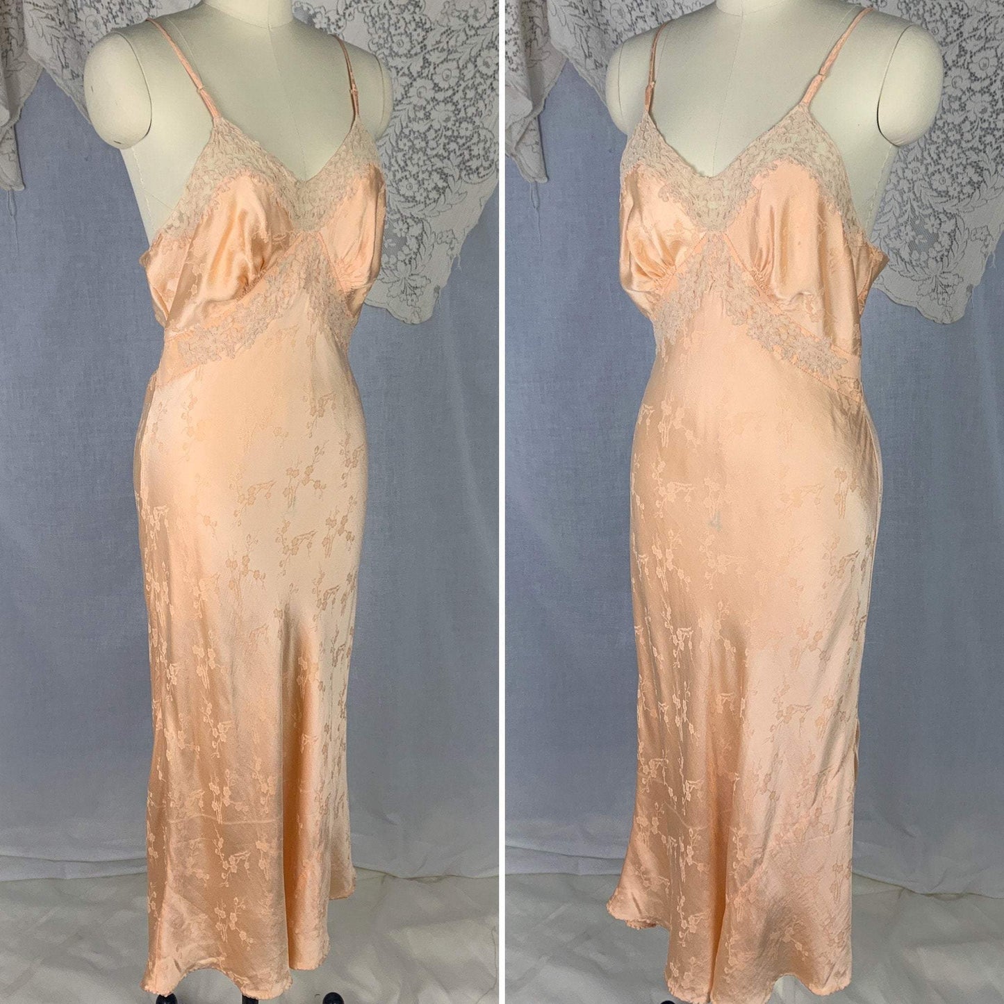 Vintage 1930's Slip | Rich Peach Silk with Cherry Blossom Damask & French Alençon Lace | Size M | Hand Sewn - Daggers & Dames