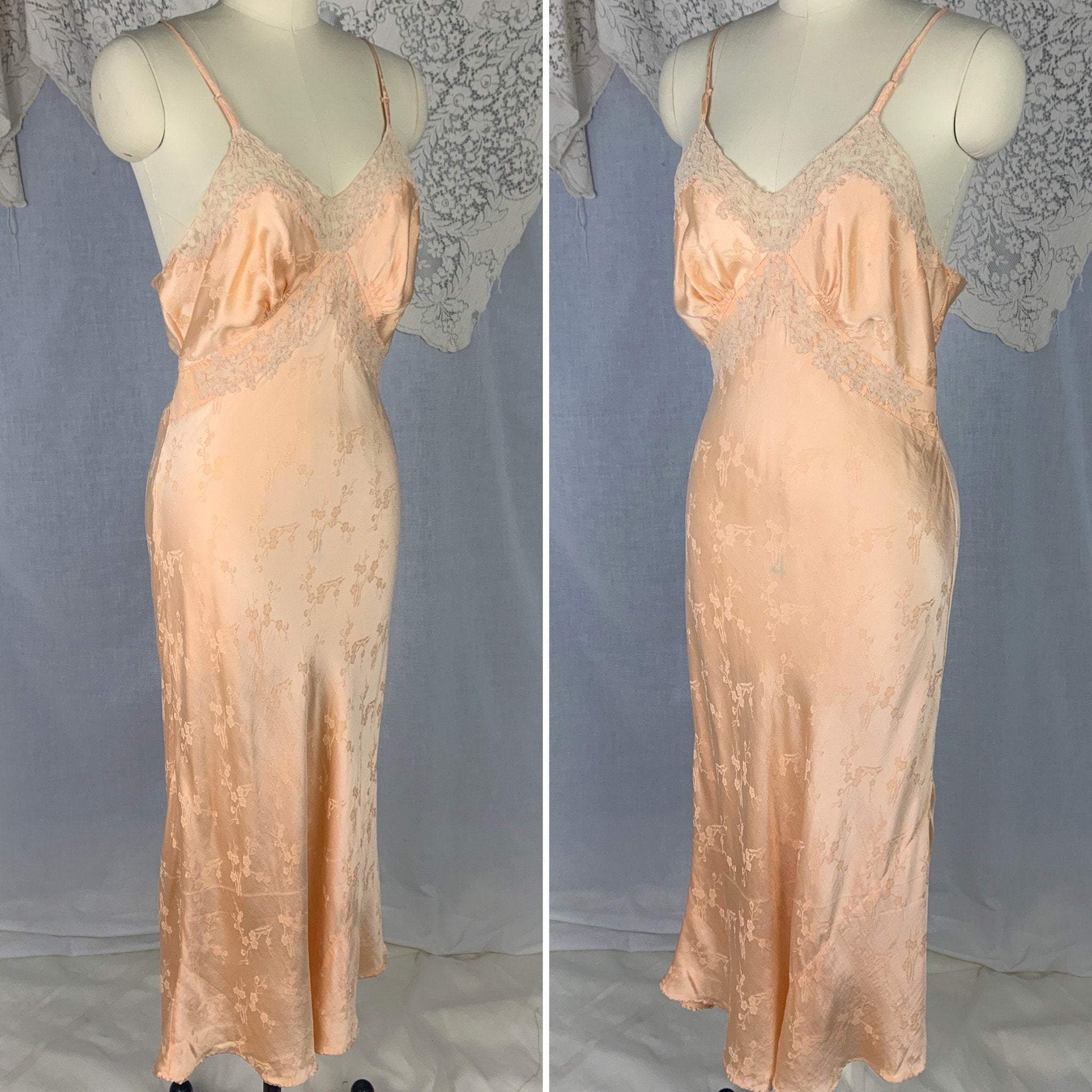 Vintage 1930's Slip | Rich Peach Silk with Cherry Blossom Damask & French Alençon Lace | Size M | Hand Sewn - Daggers & Dames