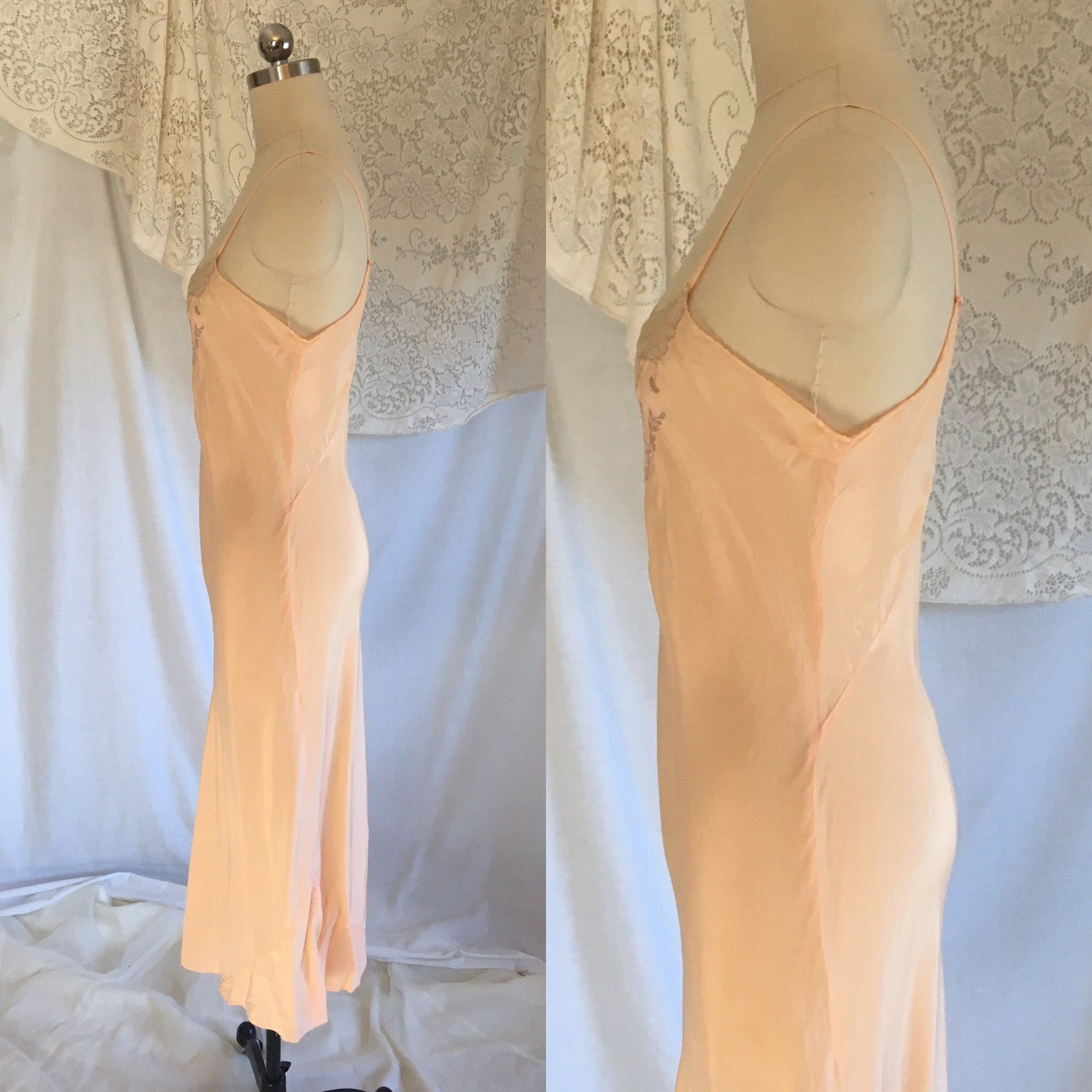 Vintage 1930's Slip | Rose Peach Silk with Lace Inserts & Embroidery | Size LG - Daggers & Dames