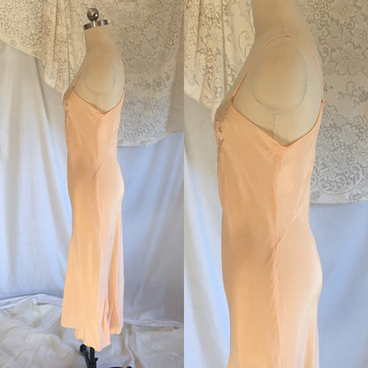 Vintage 1930's Slip | Rose Peach Silk with Lace Inserts & Embroidery | Size LG - Daggers & Dames