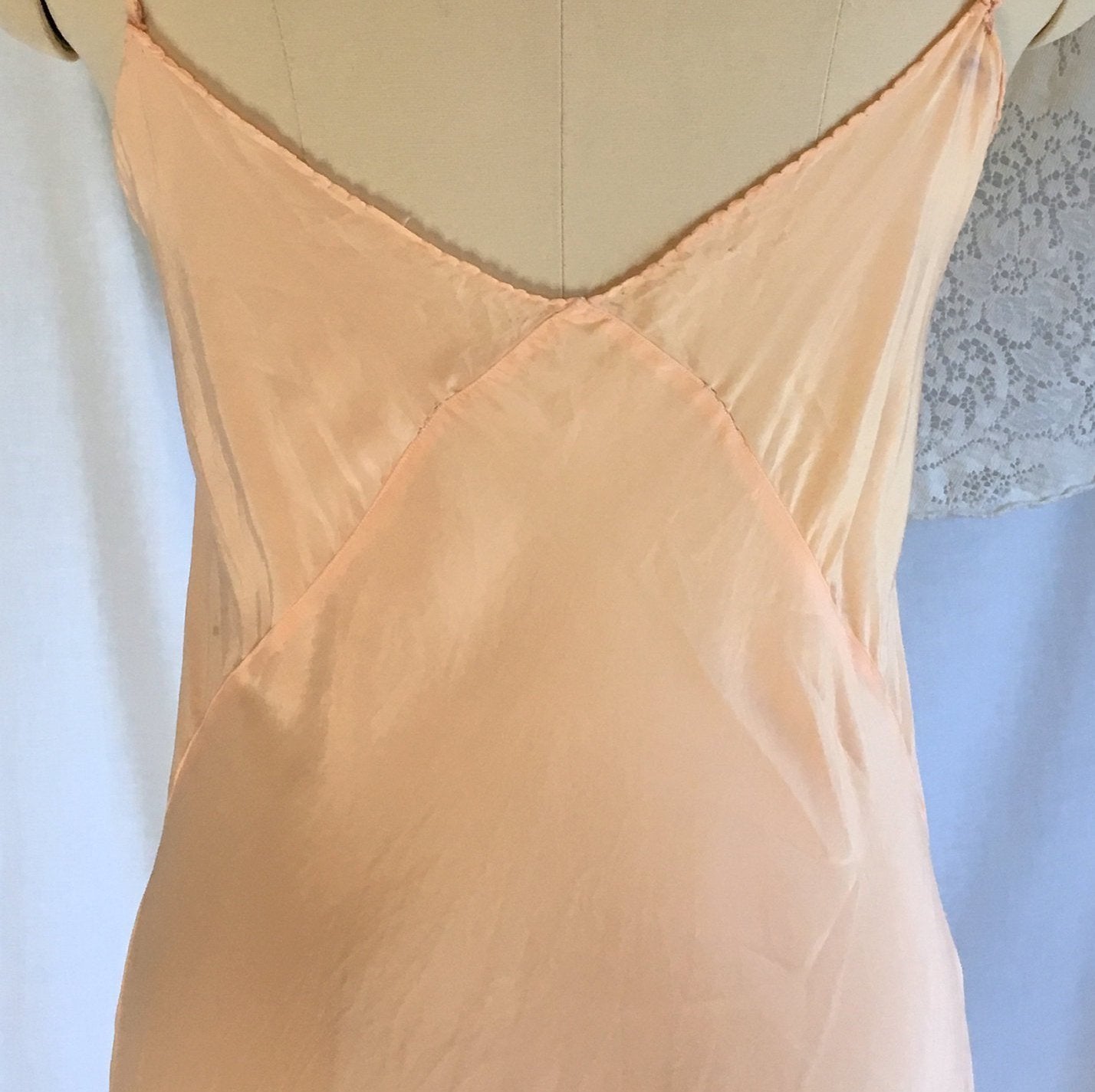 Vintage 1930's Slip | Rose Peach Silk with Lace Inserts & Embroidery | Size LG - Daggers & Dames