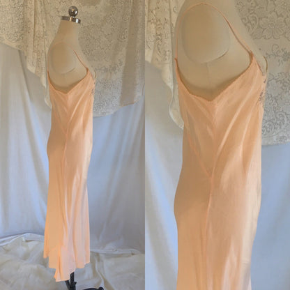 Vintage 1930's Slip | Rose Peach Silk with Lace Inserts & Embroidery | Size LG - Daggers & Dames